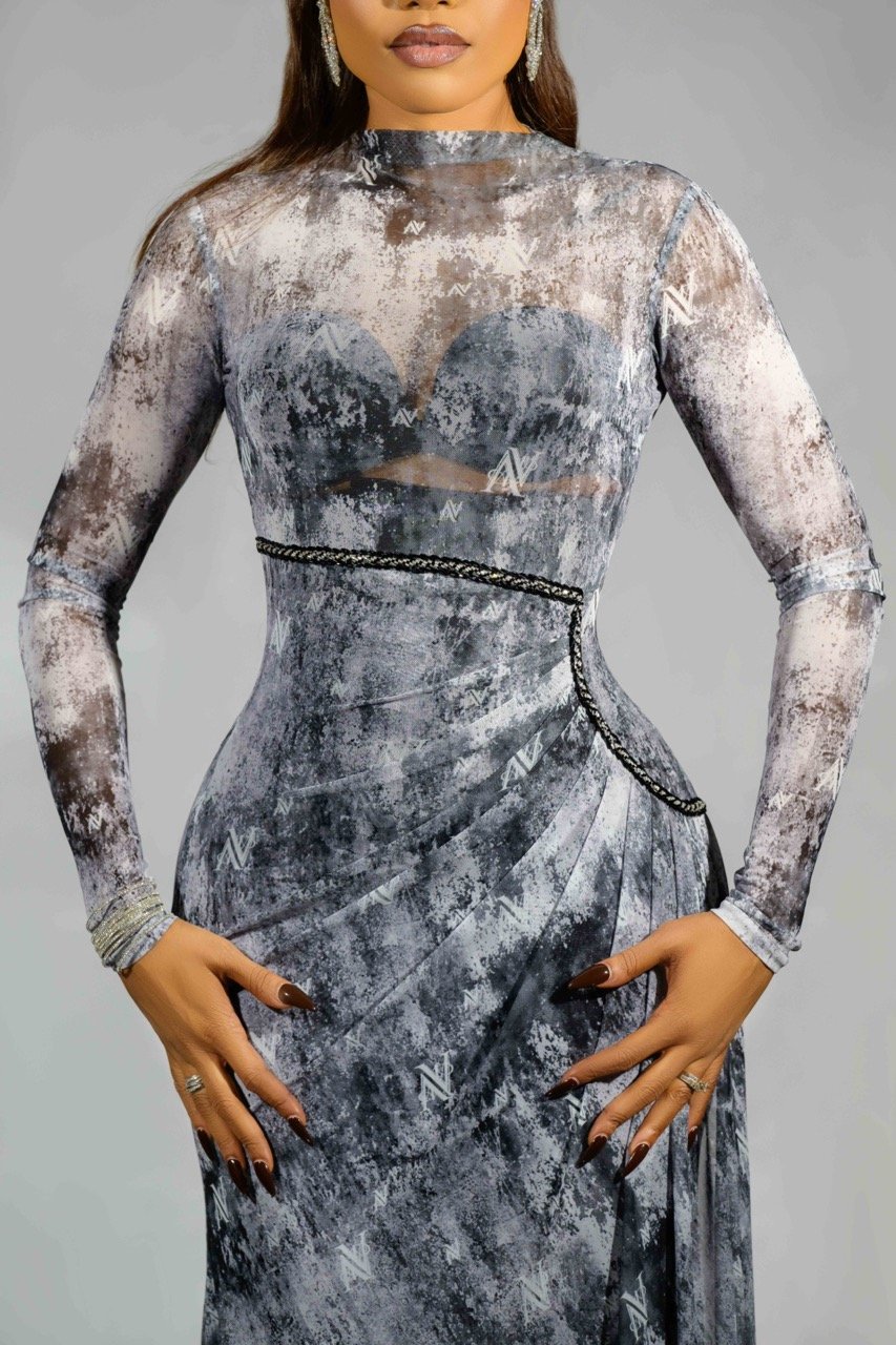 EVE Mesh Monogram Dress (Long Sleeve) - Graphite Marble