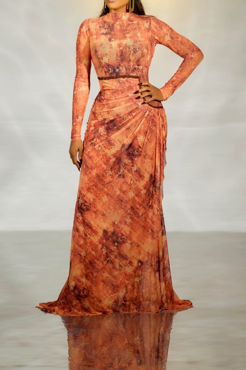 EVE Mesh Monogram Dress (Long Sleeve) - Rusted Mocha