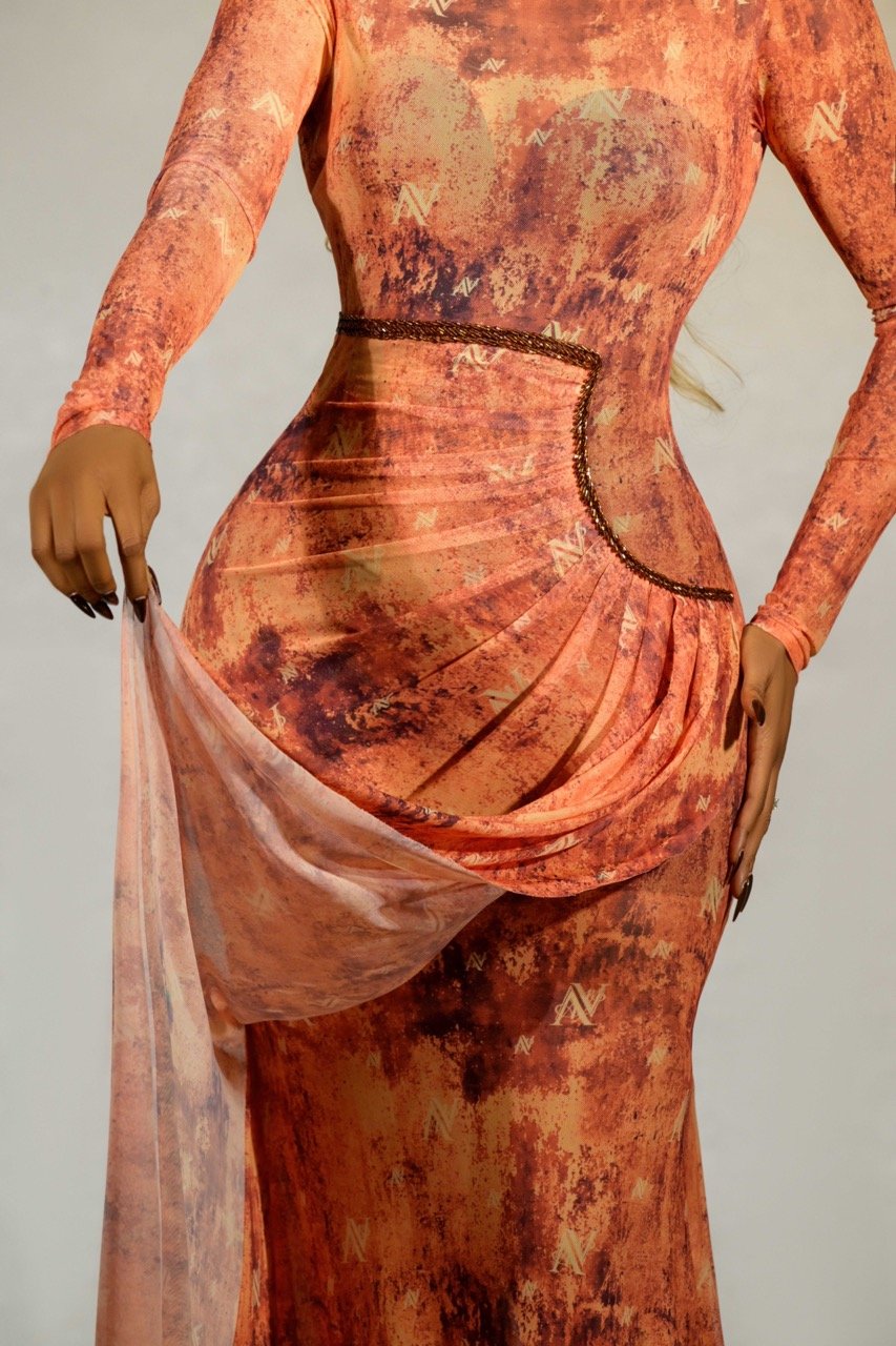 EVE Mesh Monogram Dress (Long Sleeve) - Rusted Mocha