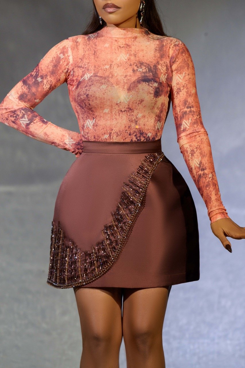 TERRA Handbeaded Mini Skirt — Rich Cocoa Brown